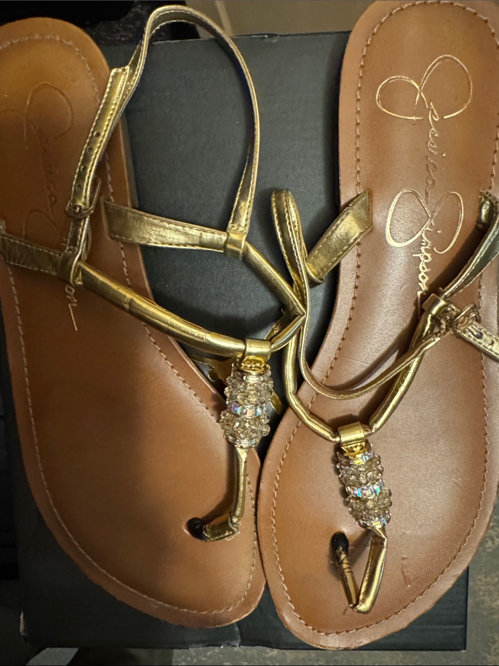 Jessica Simpson Metallic Gold Crystal T-Strap Sandal